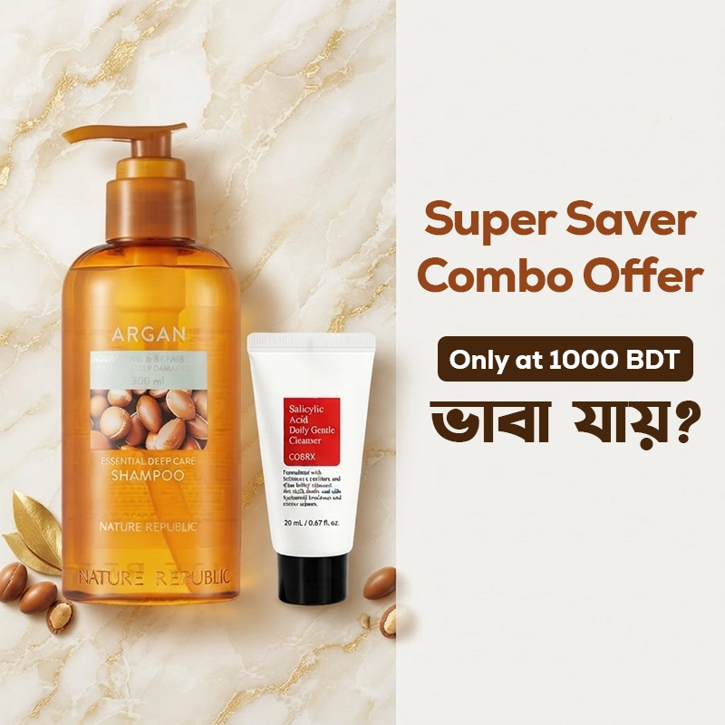 Super Saver Combo Offer(Nature Republic Argan Essential Deep Care Shampoo, 300 ML & COSRX Salicylic Acid Daily Gentle Cleanser, 20 ML)