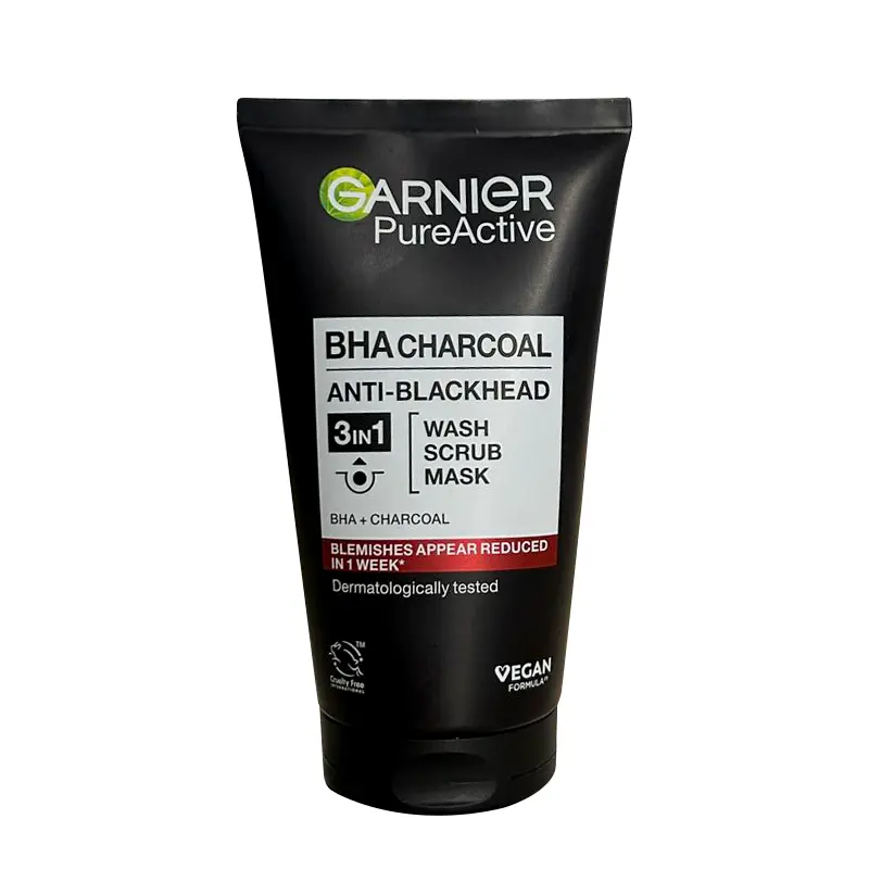 Garnier Pure Active 3 in 1 BHA Charcoal Anti Blackhead Wash Scrub Mask, 150 ML