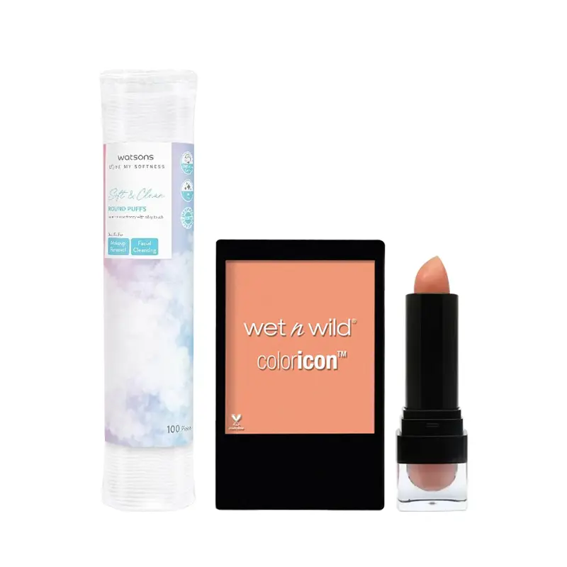 Makeup Combo Offer( Watsons Round Puffs 100pcs, WNW blush apri-cot in the middle, W7 Matte Kiss Lipstick Beige Kiss)
