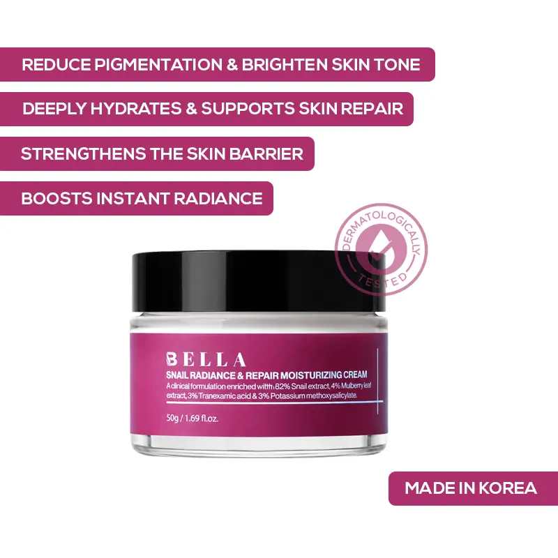 Bella 82% Snail Radiance & Repair Moisturizing Cream, 50 GM (TXA 3%, Mulberry leaf extract 4%, Potassium Methoxysalicylate 3%)