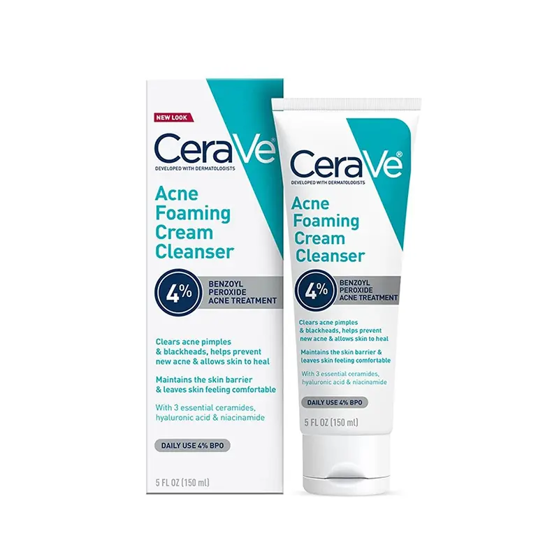 CeraVe Acne Foaming Cream Cleanser 4% Benzoyl Peroxide Acne Treatment, 150 ML